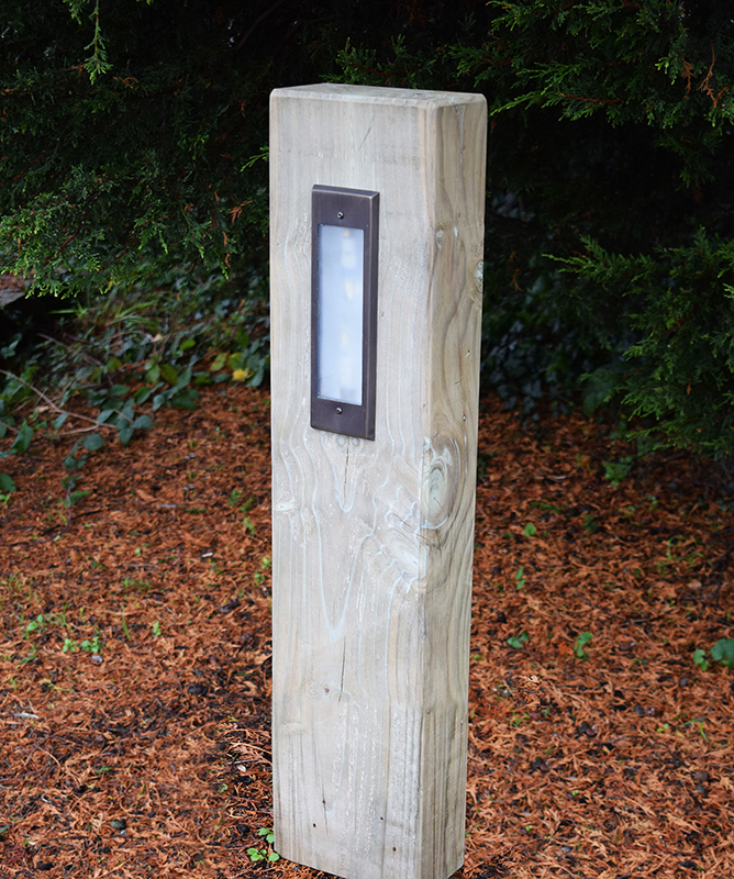 Radiata - Timber Pine Sleeper Bollard with 240v Frosted Brass LED Light - Image 2
