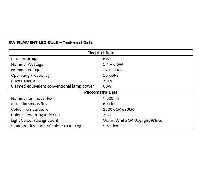 6W LED Filament GLS Bulb E27 - 240v - Warm White 2700K - Image 3