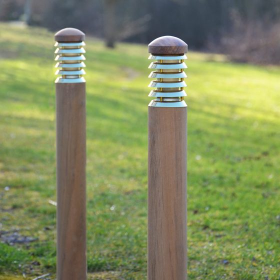 Tectona - Natural Teak Wooden Bollard Light with Brass Louvres - Image 2