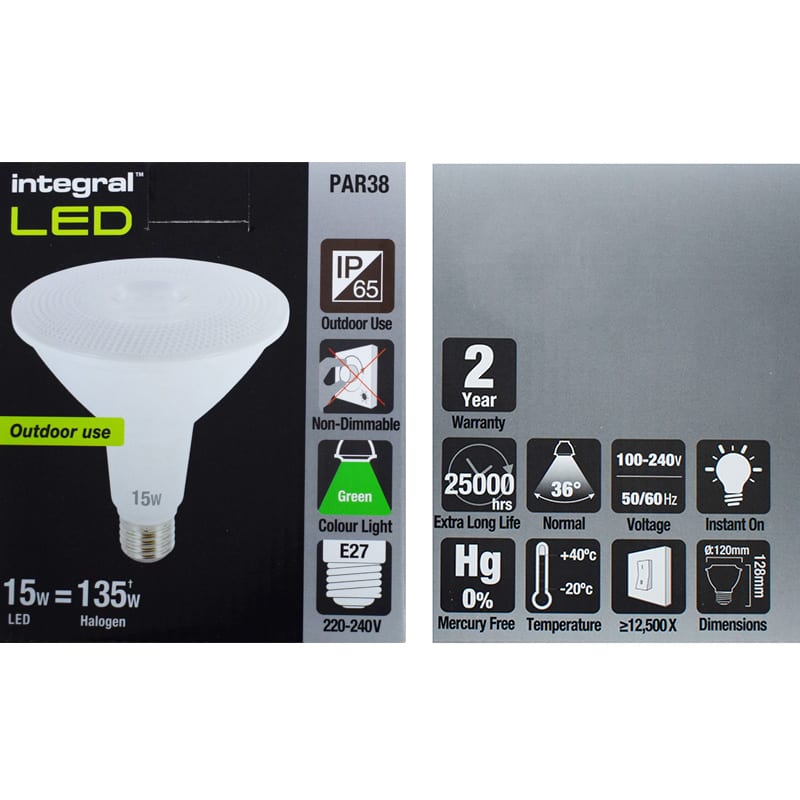 Integral LED 15w PAR38 Lamp - ES/E27 - Green / Amber / Blue - Image 3